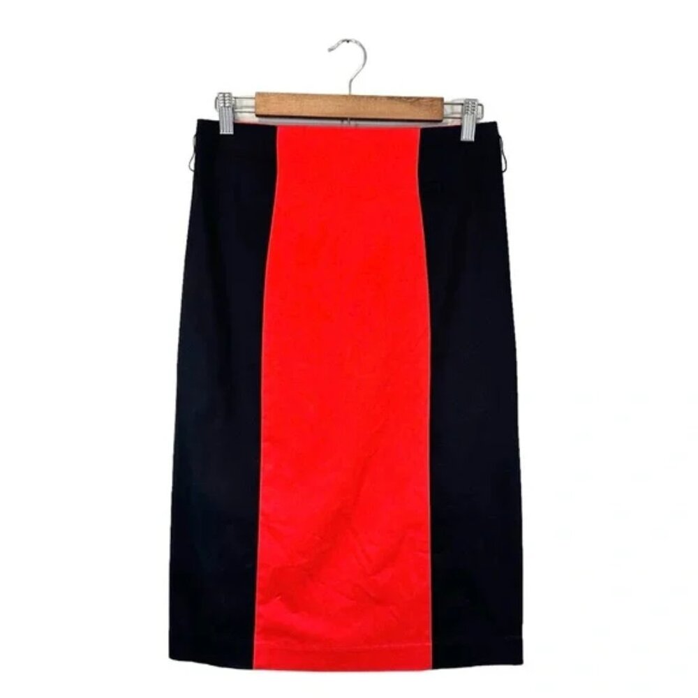 Worthington High Waist Pencil Midi Skirt Black Red Colorblock Pleated Back, 8